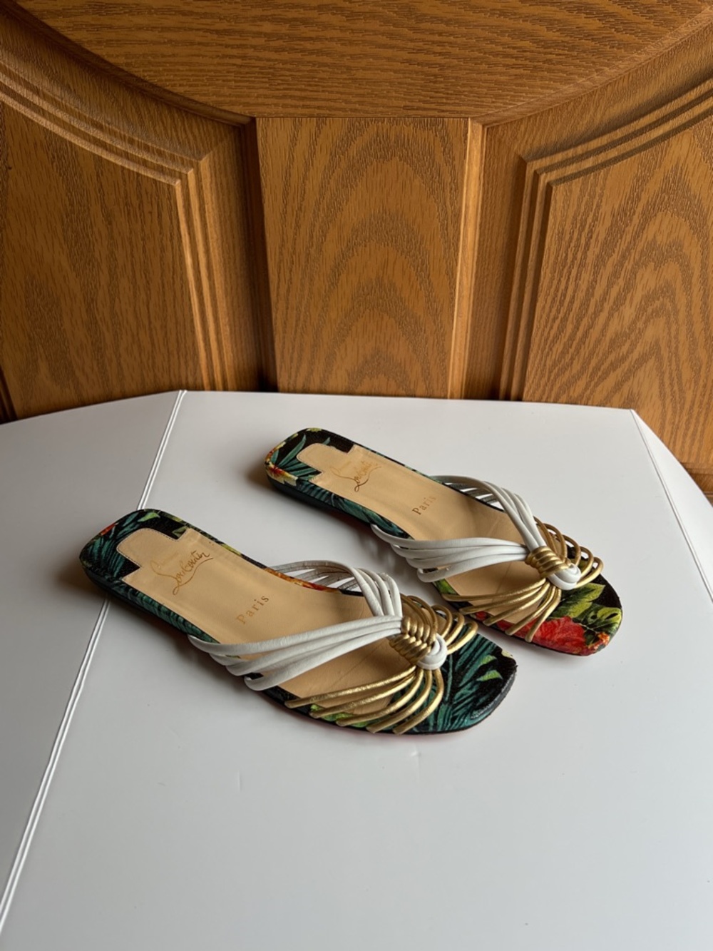 Christian Louboutin O Nov Flat Slide Sandals – Gold White Strappy, Tropical